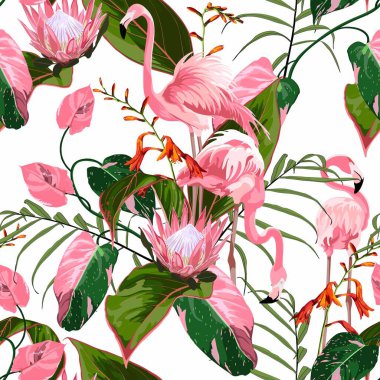 Pembe flamingo ve egzotik çiçekler, beyaz arka planda palmiye yaprakları. Çiçeksiz desen. Tropik illüstrasyon. Egzotik bitkiler, kuşlar. Yaz plajı tasarımı. Cennet doğası.