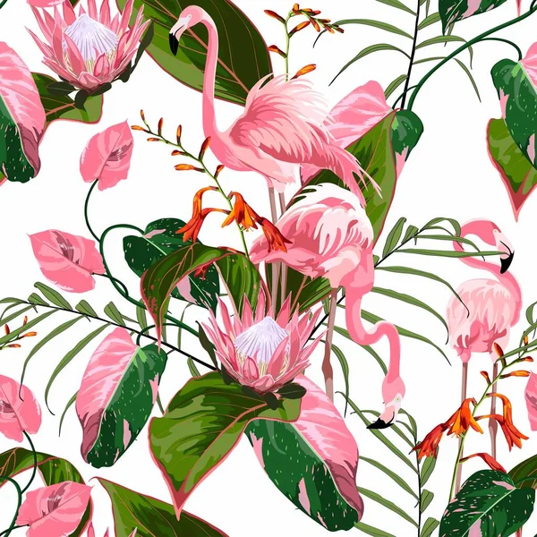 Розовый Фламинго Экзотические Цветы Пальмовые Листья Белом Фоне Цветочный Бесшовный — стоковый вектор