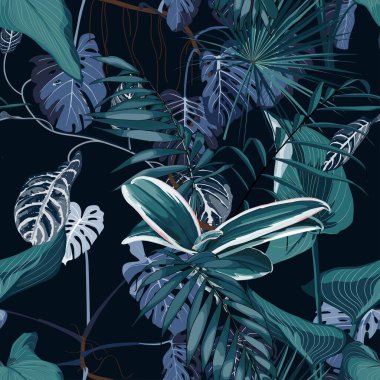 Tropik gece klasik şablonu, palmiye yaprakları ve siyah arka planda dikişsiz, egzotik bitkiler. Egzotik orman duvar kağıdı.