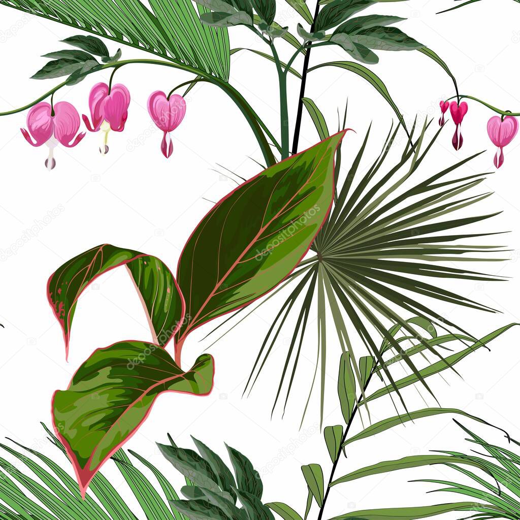 Seamless background from a flowers ornament and exotic tropical leaves, fashionable modern wallpaper or textile. Illustration 