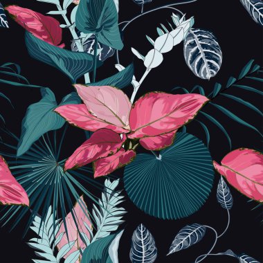Siyah arka planda tropikal mavi pembe yaprakları olan gösterişsiz tropikal desenler. Güzel egzotik bitkiler. Havai 'nin moda yaz baskısı. Çizgi tarzı çiçekli..