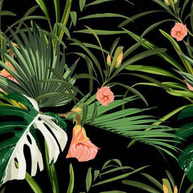 Tropikal turuncu krokoza çiçekleri ve parlak yeşil yapraklar dikişsiz desen. Siyah arka planda egzotik tropikal bahçe.