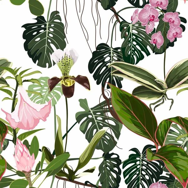 Patrón Flores Exóticas Muchos Tipos Flores Tropicales Exóticas Hojas Impresión — Archivo Imágenes Vectoriales