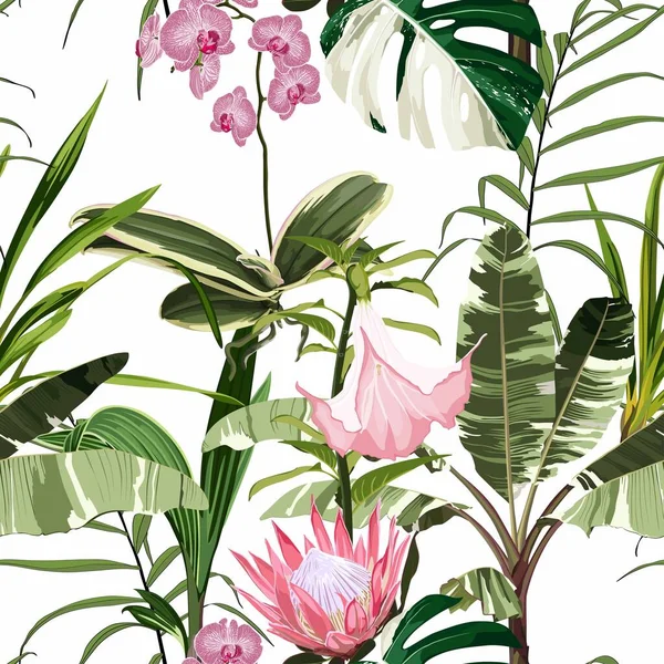 Exotický Vzor Květin Mnoho Exotických Tropických Květů Listů Letním Tisku — Stockový vektor