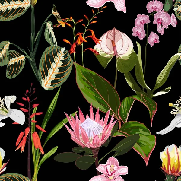 Exotiska Blommor Mönster Många Slags Exotiska Tropiska Blommor Sommartryck Hawaiian — Stock vektor