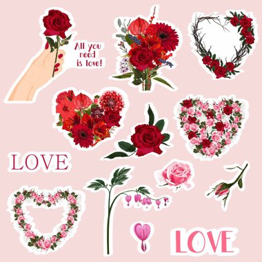 Sevgililer Günü karalama çıkartması düz çizim. Aşk sembolü ve çizgi film karakteri koleksiyonu. El çizimi 14 Şubat izole paket.