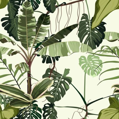 Tropikal desenler, palmiye yaprakları ve arka planda dikişsiz, egzotik bitkiler. Egzotik orman duvar kağıdı.