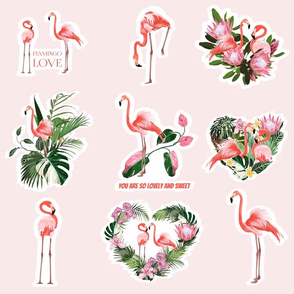 Flamingo Schattige Dieren Tropische Bloemen Set Cartoon Stickers Patches Badges — Stockvector