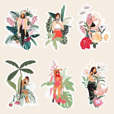 Yaz ayları sevimli elementler. Mayolu kadın güneş gözlüğü, tropik yapraklar, dondurma, palmiye ağacı, çörek vs. Kartpostal, poster, çıkartma, paketleme, kumaş vs. için resim .