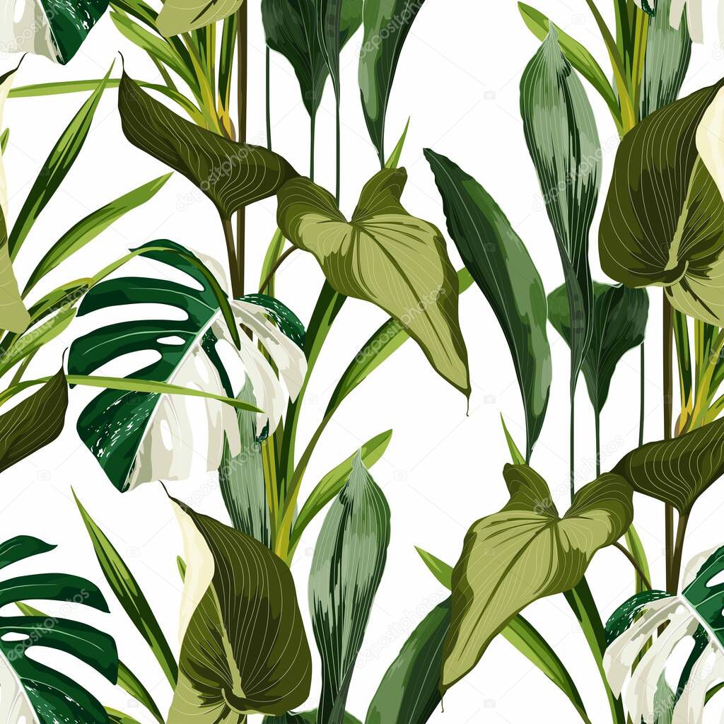Tropical bright green leaves seamless pattern. Exotic tropical garden for wallpaper, greeting card and fashion design.