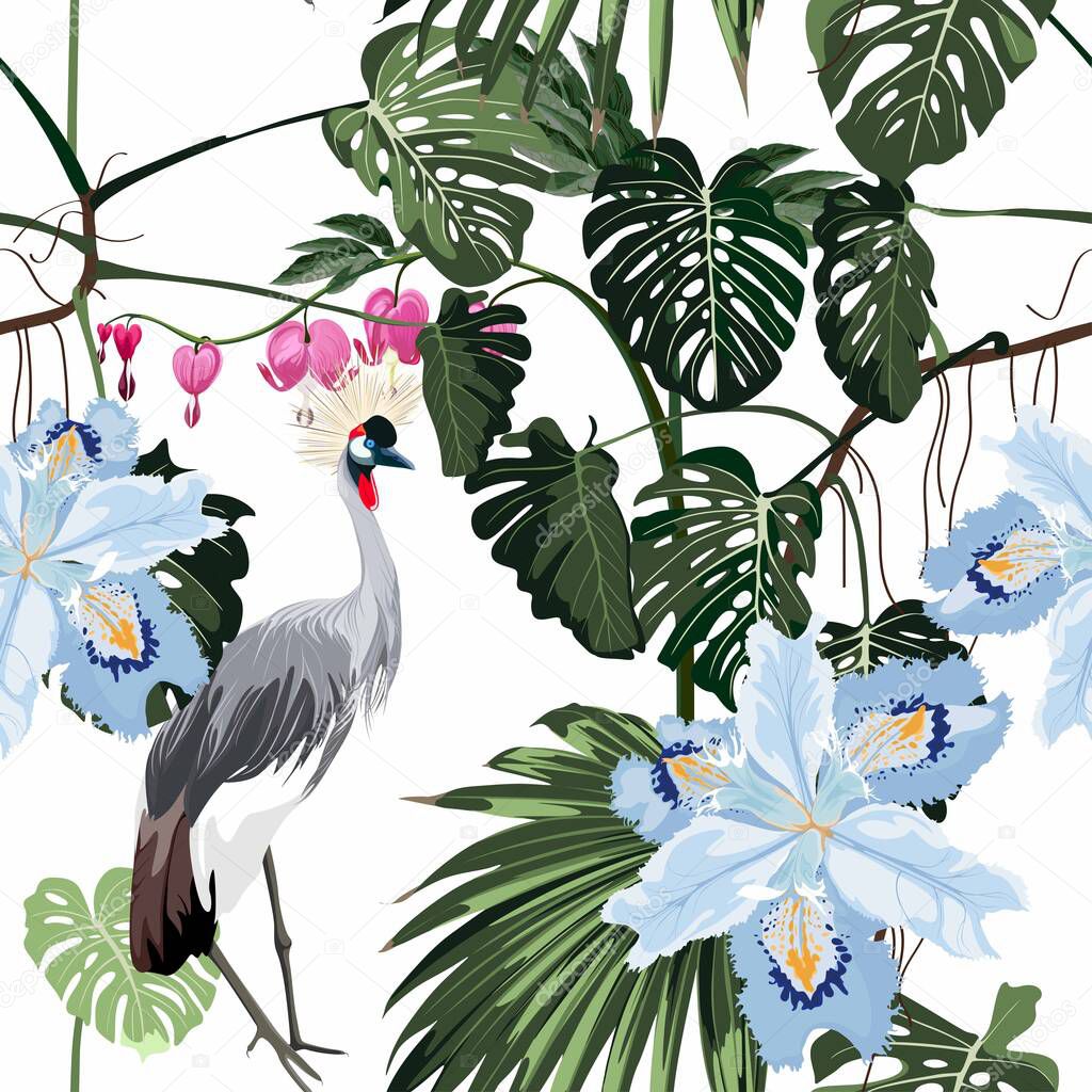 Exotic birds, iris flowers, monstera palm leaves, white background. Floral seamless pattern. Tropical illustration. Exotic plants, birds. Summer beach design. Paradise nature.  Japanese crane bird.