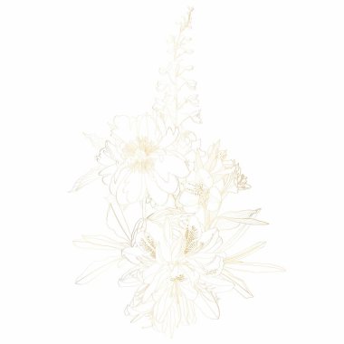 Altın çiçek buketi. Tasarım, baskı veya kumaş için beyaz arkaplanda el boyaması bahçe çiçekleri izole.