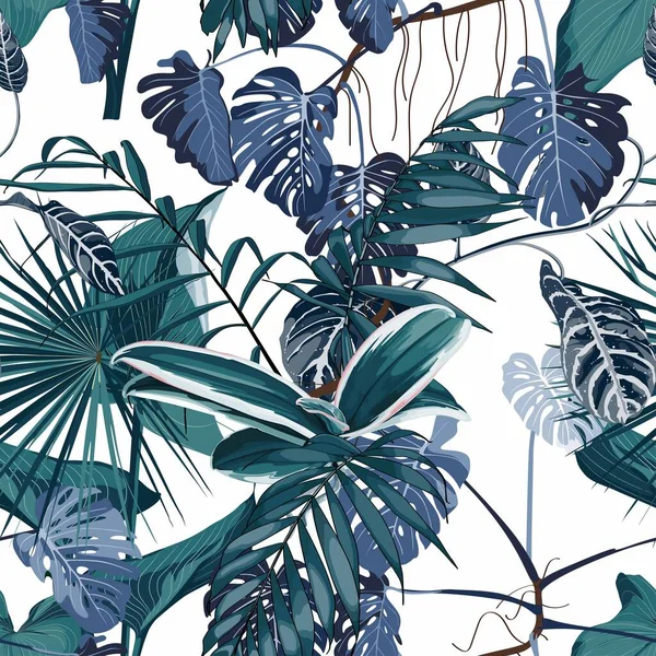 Tropické Noční Vinobraní Vzor Palmové Listy Exotické Rostliny Bezešvé Hranice — Stockový vektor