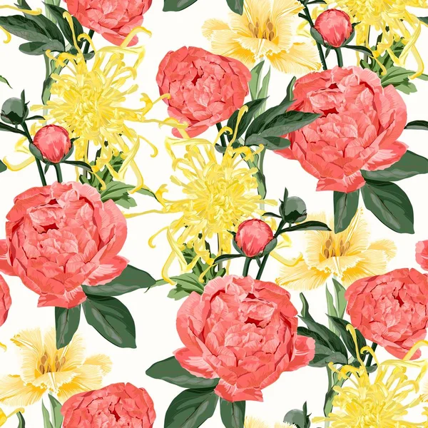 Motif Floral Sans Couture Avec Des Fleurs Pivoine Des Tulipes — Image vectorielle