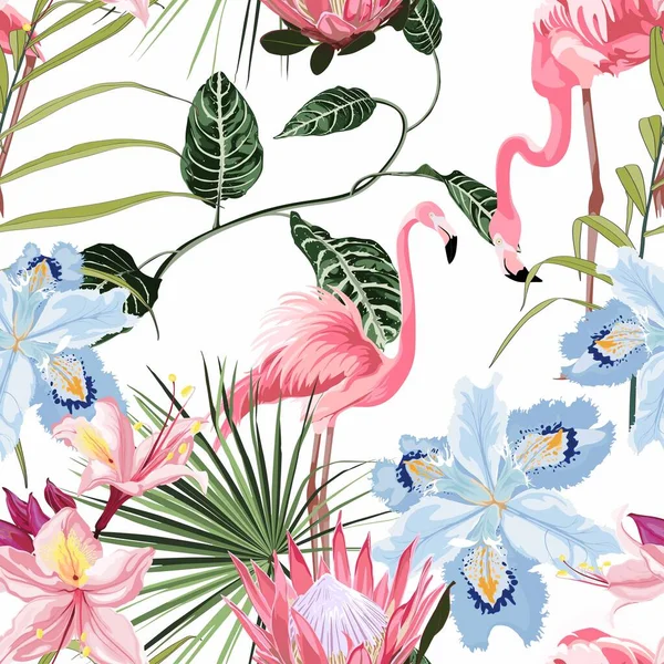 Pembe flamingo ve egzotik çiçekler, beyaz arka planda palmiye yaprakları. Çiçeksiz desen. Tropik illüstrasyon. Egzotik bitkiler, kuşlar. Yaz plajı tasarımı. Cennet doğası.