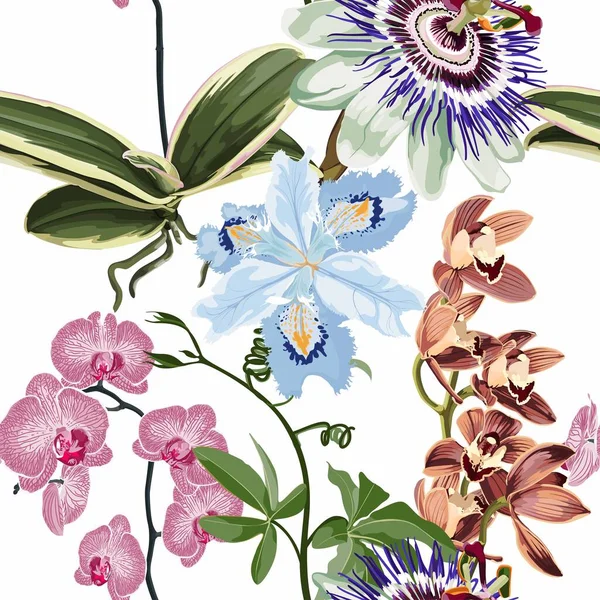 Exotische Bloemen Patroon Vele Soorten Exotische Tropische Bloemen Zomerse Print — Stockvector