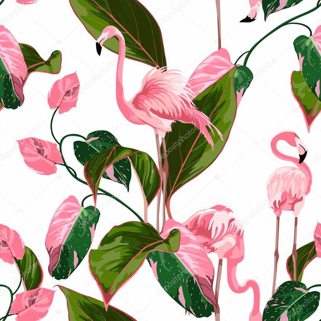 Pink flamingo and exotic flowers, palm leaves on white background. Floral seamless pattern. Tropical illustration. Exotic plants, birds. Summer beach design. Paradise nature.