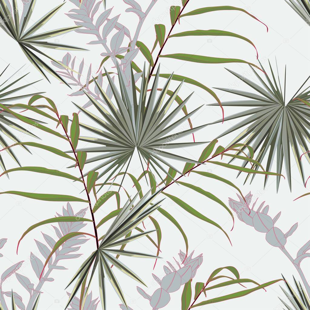 Tropical abstract bright green leaves seamless pattern. Exotic tropical garden for wallpaper, greeting card and fashion design. White background.