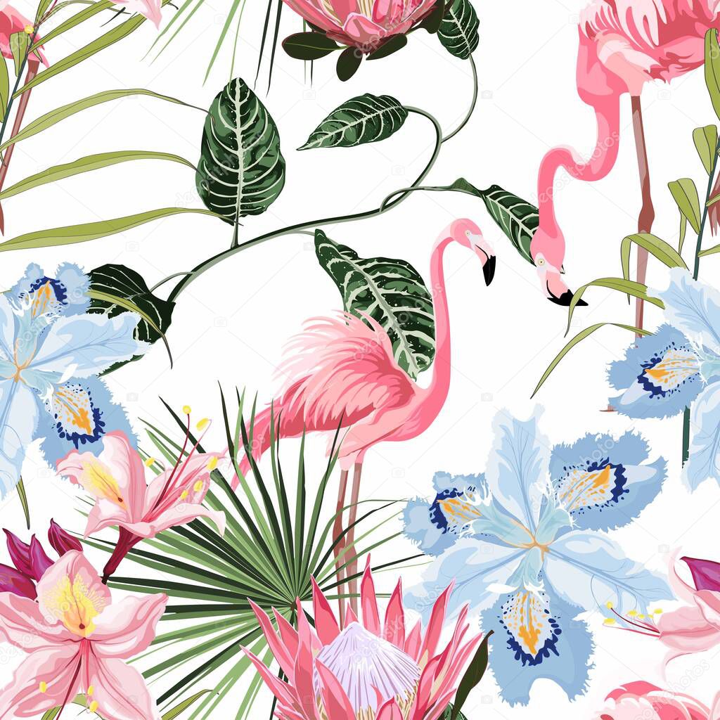 Pink flamingo and exotic flowers, palm leaves on white background. Floral seamless pattern. Tropical illustration. Exotic plants, birds. Summer beach design. Paradise nature.