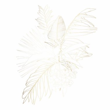 El çizimi yaz tropik çiçekleri: altın egzotik çiçekler ve yapraklar, çizgi sanatı. Tasarım için beyaz arkaplanda el boyaması çiçekler ve yapraklar.
