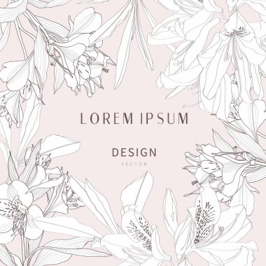 Bitki bitkisi çiçekleri. Pembe arka plana gri oyma. Düğün arkaplan kartı çiçek dekoratif kenarı. Teşekkür ederim, RSVP, davetiye şık kart illüstrasyon grafik pankartı.