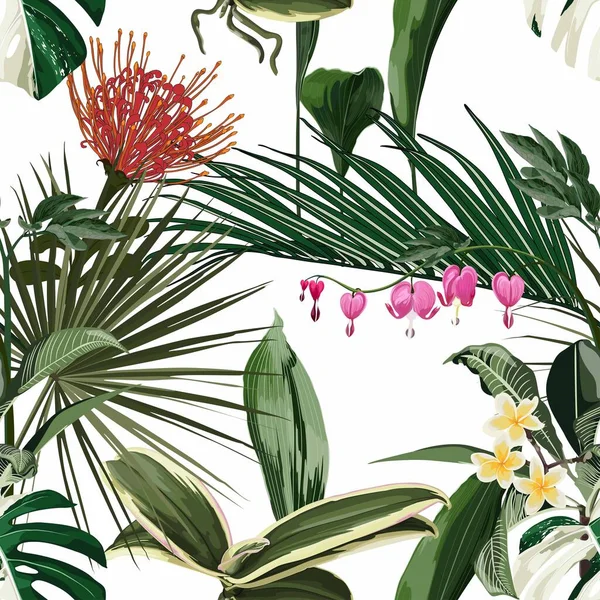 Exotic flowers pattern. Many kind of exotic tropical flowers and palm leaves in summer print. Hawaiian t-shirt and swimwear tile.