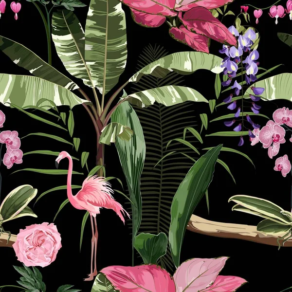 粉红色的火烈鸟和奇异的花朵 棕榈叶在黑色的背景上 植物无缝图案 热带插图 异国植物 夏季海滩设计 天堂自然 — 图库矢量图片
