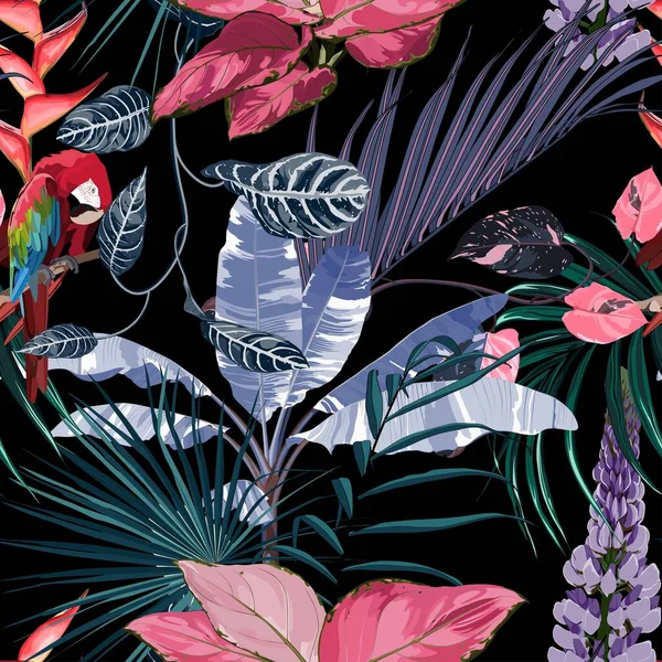 鹦鹉和奇异的花朵 紫色的棕榈叶在黑色的背景 植物无缝图案 热带夜间插图 异国植物 夏季海滩设计 天堂自然 — 图库矢量图片