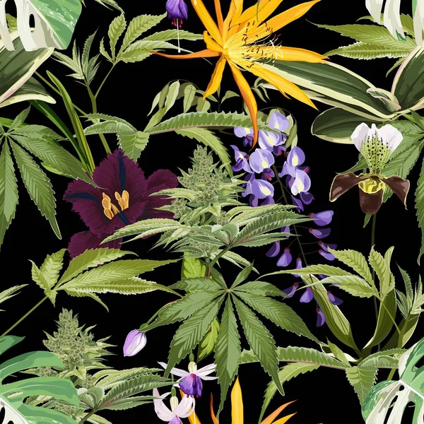 Kenevir bitkisinin kusursuz deseni ve birçok çeşit çiçek. Yasal Tıp Kenevir Marihuana Çizimi. Siyah arkaplan.