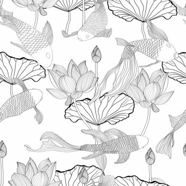 Koi sazan balığı ve su zambağı desenli, Japon desenli. Klasik işlemeli koi sazan, lotus ve nilüfer yaprakları..