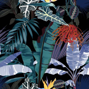 Egzotik çiçekler, siyah arka planda mor palmiye yaprakları. Çiçeksiz desen. Tropik gece çizimi. Egzotik bitkiler, kuşlar. Yaz plajı tasarımı. Cennet doğası.