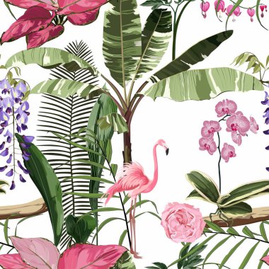 Pembe flamingo ve egzotik çiçekler, beyaz arka planda palmiye yaprakları. Çiçeksiz desen. Tropik illüstrasyon. Egzotik bitkiler, kuşlar. Yaz plajı tasarımı. Cennet doğası.