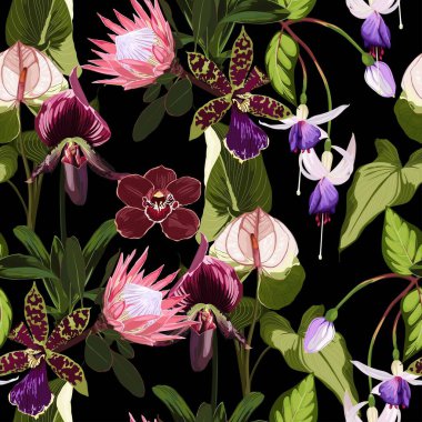 Suluboya tarzı sarı, kahverengi, bordo pembe, dikişsiz çiçekler. Düğün davetiyesi ve kumaş için boho tarzı dekoratif bir arka plan. Siyah arkaplan.