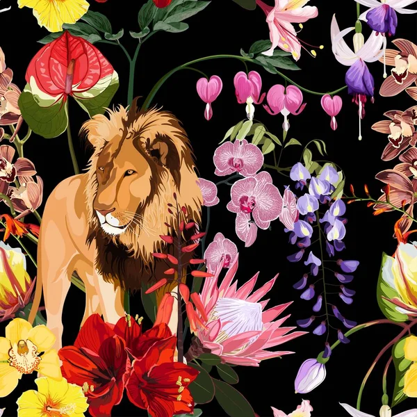 Tropical exotic flowers, lion animal floral seamless border on black background. Exotic safari wallpaper.
