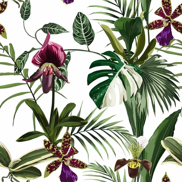 Exotic flowers seamless pattern. Tropical volet bordo orchid flowers and palm leaves in summer print. Hawaiian t-shirt and swimwear tile. White background.