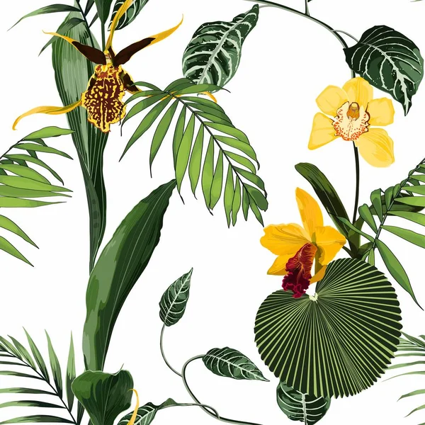 Exotic flowers seamless pattern. Tropical yellow green orchid flowers and palm leaves in summer print. Hawaiian t-shirt and swimwear tile. White background.