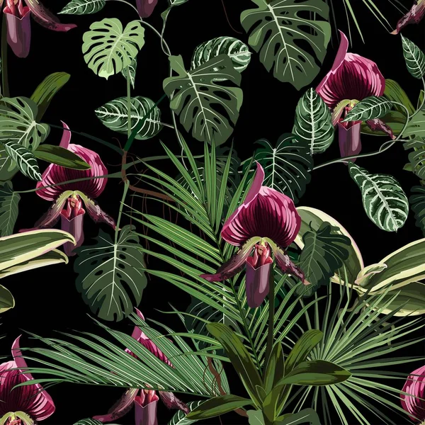 Exotische Bloemen Naadloos Patroon Tropisch Geel Bruine Orchidee Bloemen Palmbladeren — Stockvector