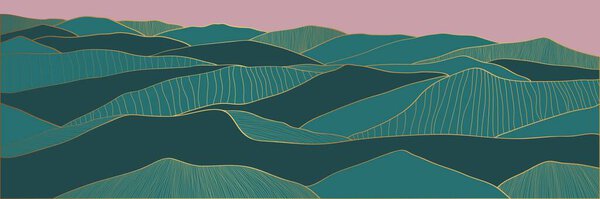 Gold mountain wallpaper design with landscape line arts, Golden, green, pink luxury background design for cover, invitation background, packaging design, wall arts, fabric, and print.
