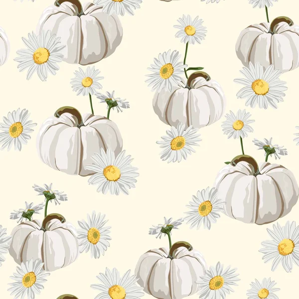 Cute Hand Drawn Pumpkin Camomile Flowers Seamless Pattern Great Thanksgiving Vector Graphics