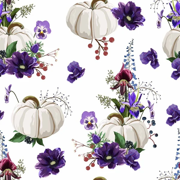 Cute Hand Drawn Pumpkin Violet Flowers Seamless Pattern Great Thanksgiving Stock Illustration