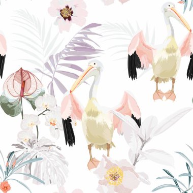 Tropik klasik palmiye yaprakları ve çiçekler, beyaz arka planda pelikan çiçeksiz desen. Egzotik orman kuşu duvar kağıdı.