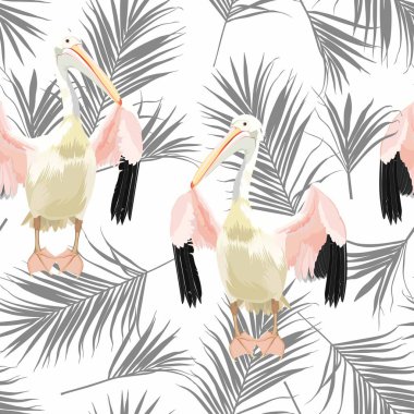 Tropik gri palmiye yaprakları, beyaz arka planda pelikan çiçeksiz desenler. Egzotik orman kuşu duvar kağıdı.