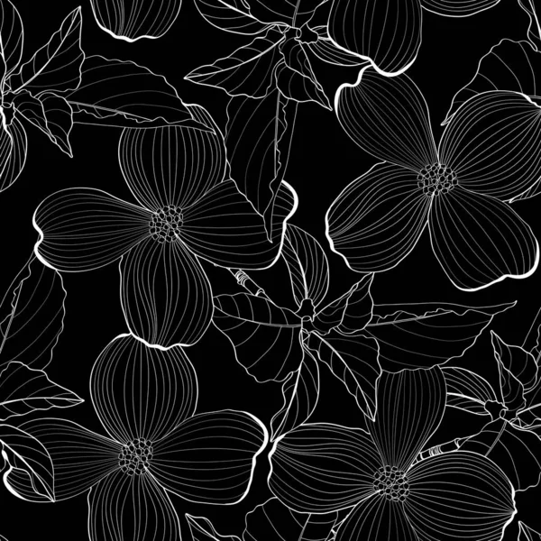 Δόγος Κλαδί Λουλούδια Αδιάλειπτη Μοτίβο Κόρνους Φλόριντα Σχεδιάστε Μαύρο Φόντο — Διανυσματικό Αρχείο