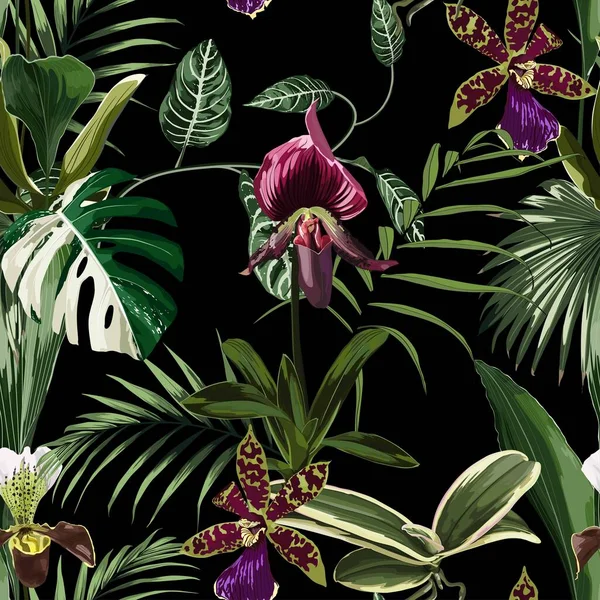 Egzotyczne Kwiaty Bez Szwu Wzór Tropikalne Fioletowe Bordo Kwiaty Orchidei — Wektor stockowy