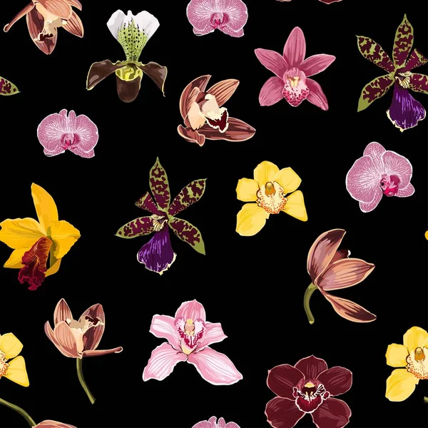 Aquarel Stijl Geel Bruin Bordo Roze Orchidee Bloemen Naadloos Patroon — Stockvector