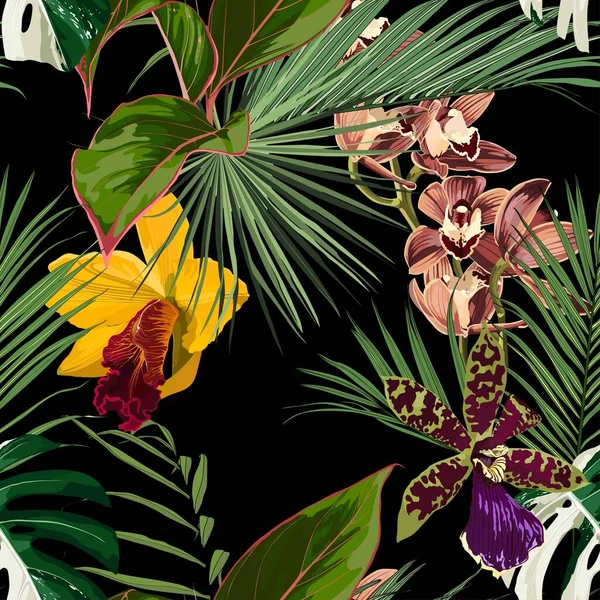 Exotic flowers seamless pattern. Tropical violet yellow brown orchids flowers and palm leaves in summer print. Hawaiian t-shirt and swimwear tile. Black background.