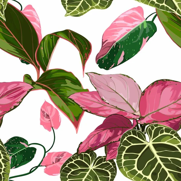 白色背景的花卉无缝图案 棕榈叶和红色热带植物 — 图库矢量图片