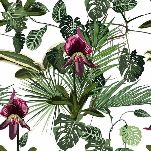 Exotické Květiny Bezešvé Vzor Tropické Fialové Květy Bordo Orchideje Palmové — Stockový vektor