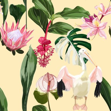 Çiçeksiz desen, egzotik tropikal çiçekler ve sarı arka planda pelikan kuşu.. 