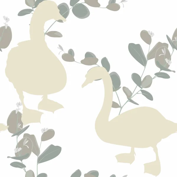 Schöne Nahtlose Muster Mit Schwänen Vogelsilhouette Und Eukalipuszweige Illustration Auf — Stockvektor